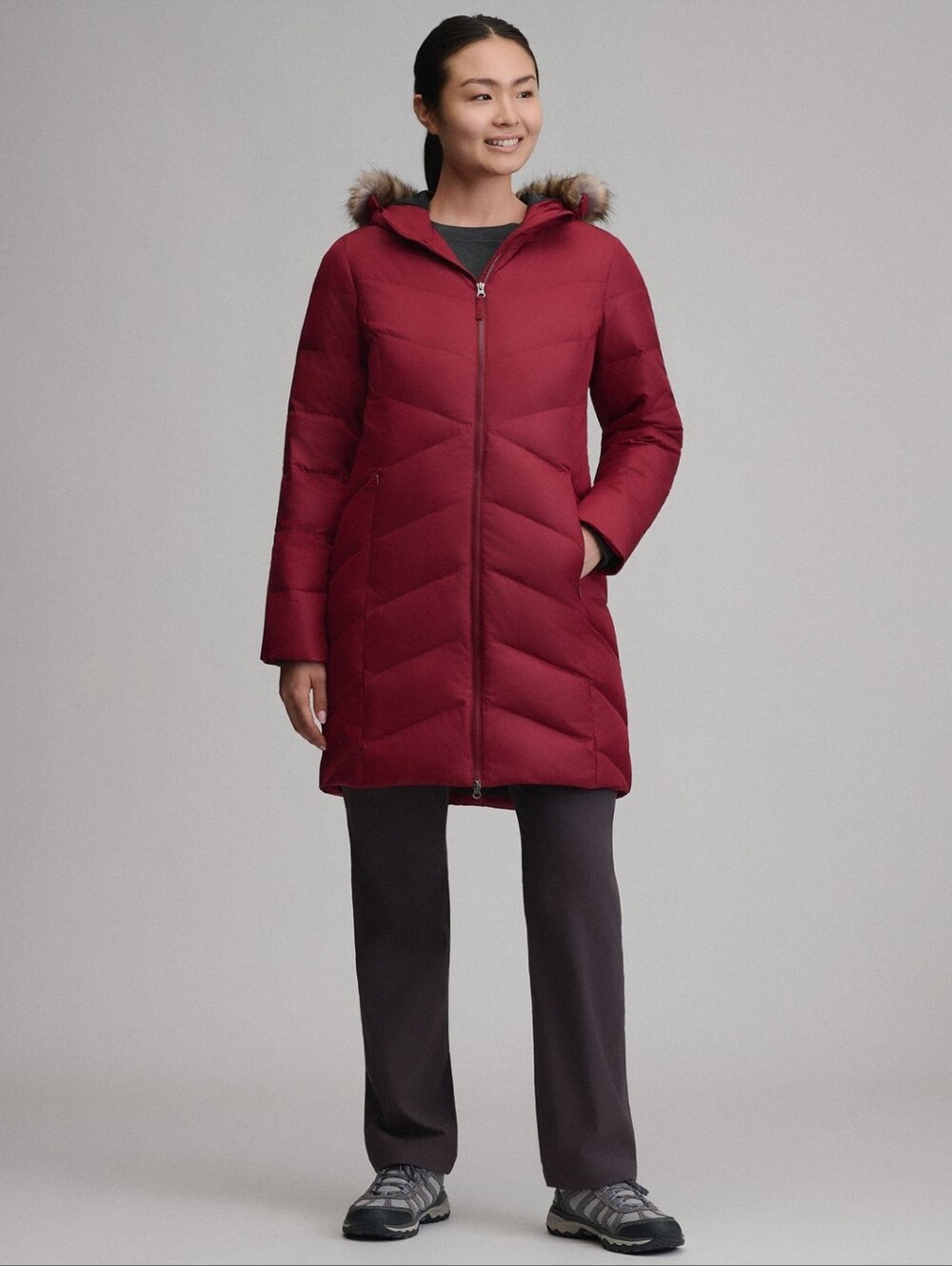 Eddie Bauer Down Parka Long Burgundy Quilted Puffer Coat with Faux Fur Hood M